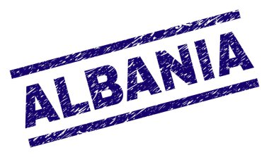 Arnavutluk mühür scratced tarzı ile yazdırma. Mavi vektör kauçuk kirli doku ile Arnavutluk resim yazısı olarak yazdırın. Metin resim yazısı paralel çizgiler arasında yer alıyor.
