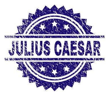 Julius Caesar damga mühür filigran sıkıntı tarzı ile. Mavi vektör kauçuk baskı Julius Caesar etiketin doku ile.