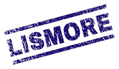 Lismore mühür sıkıntı stiliyle yazdırma. Mavi vektör kauçuk Lismore metin çizilmiş doku ile yazdırın. Metin etiketi paralel çizgiler arasında yer alıyor.