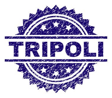 Trablus damga mühür filigran sıkıntı tarzı ile. Mavi vektör kauçuk baskı aşınmış doku ile Trablus başlık.