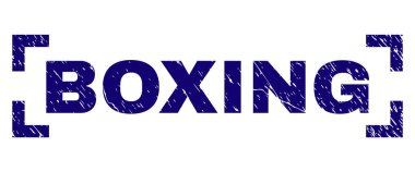 Boks başlık mühür aşınmış stiliyle yazdırma. Metin resim yazısı köşeler arasında yer alıyor. Mavi vektör kauçuk baskı, boks ile çizilmiş doku.