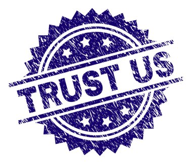 Damga mühür filigran sıkıntı tarzı ile güven bize. Mavi vektör kauçuk baskı güven bize başlık kirli doku ile.