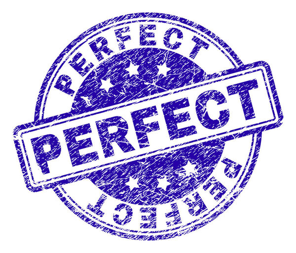 Оттиск печатной пломбы с граненой текстурой. Дизайн с прямоугольниками и кругами. Синий векторный каучуковый отпечаток тега PERFECT с гранжевой текстурой
.