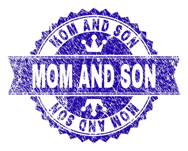 Grunge Textured MOM AND SON Stamp Seal with Ribbon — Stock Vector