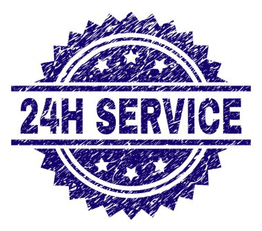 24 saat hizmet damga mühür filigran sıkıntı tarzı ile. Mavi vektör kauçuk baskı 24 h hizmet metin retro doku ile.