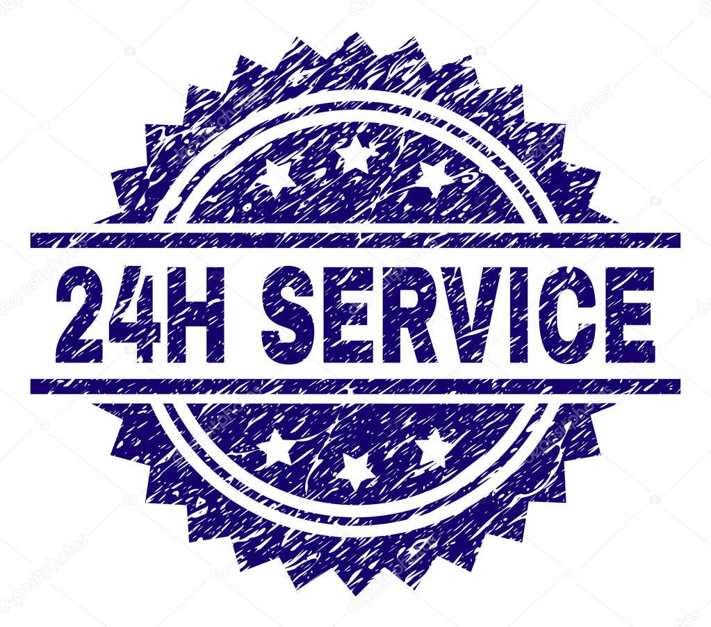 24H SERVICE stamp seal watermark with distress style. Blue vector rubber print of 24H SERVICE text with retro texture.