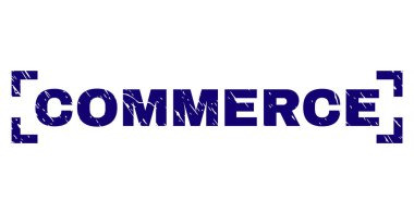 COMMERCE text seal print with corroded texture. Text title is placed between corners. Blue vector rubber print of COMMERCE with dirty texture.