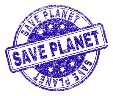 SAVE PLANET stamp seal imprint with grunge texture. Designed with rounded rectangles and circles. Blue vector rubber print of SAVE PLANET title with dirty texture.