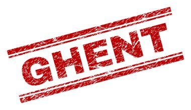 Ghent mühür aşınmış dokulu ve yazdırma. Ghent etiketi ile çizilmiş doku kırmızı vektör kauçuk baskı. Metin etiketi çift paralel çizgi arasında yer alıyor.