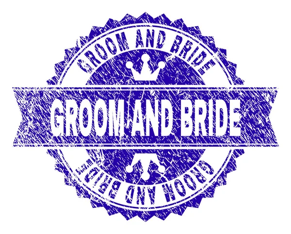Cachet de timbre Grunge Textured GROOM AND BRIDE avec ruban — Image vectorielle