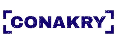 Conakry başlık sıkıntı tekstürlü baskı mühür. Metin başlık köşeleri yerleştirilir. Mavi vektör kauçuk baskı Conakry retro doku ile.