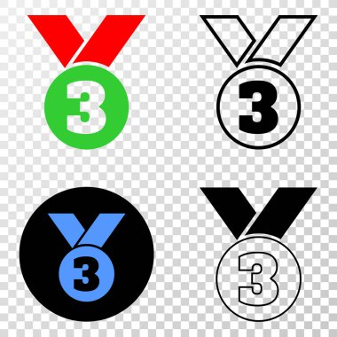 Üçüncü Eps vektör simge kontur, siyah ve renkli sürümlerle Madalyası. Çizim tarzıdır satranç şeffaf arka plan düz ikonik sembolü.