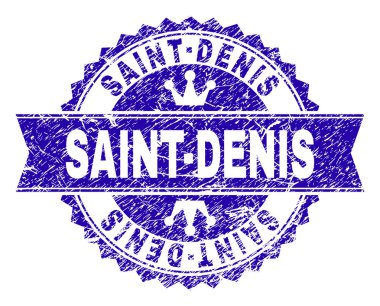 Saint-Denis rozet mühür filigran sıkıntı doku ile. Yuvarlak rozet, şerit ve küçük kron ile tasarlanmıştır. Saint-Denis başlık aşınmış dokulu mavi vektör kauçuk filigran.