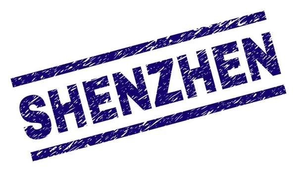 Shenzhen filigran sıkıntı tarzı ile kapatın. Mavi vektör kauçuk Shenzhen etiketin kirli doku ile yazdırın. Metin etiketi paralel çizgiler arasında yer alıyor.