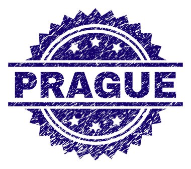 Prag damga mühür filigran sıkıntı tarzı ile. Mavi vektör kauçuk baskı kirli doku ile Prag etiketi.