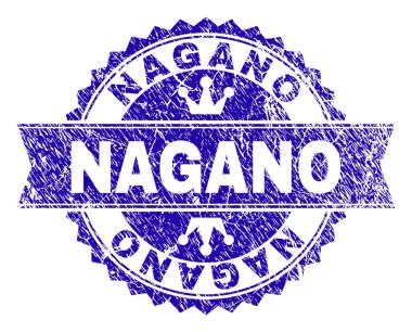 Nagano rozet damga damga grunge etkisi ile. Yuvarlak rozet, şerit ve küçük kron ile tasarlanmıştır. Mavi vektör kauçuk filigran Nagano metin doku ile.