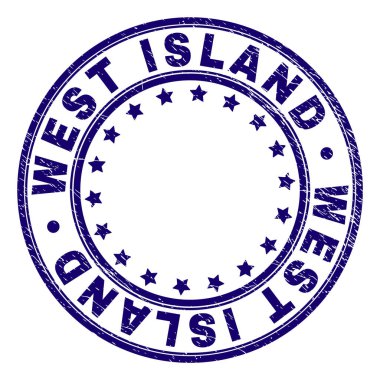 West Adası damga mühür filigran doku ile. Yuvarlak şekiller ve yıldız ile tasarlanmış. Mavi vektör kauçuk baskı West Adası etiketin çizilmiş doku ile.