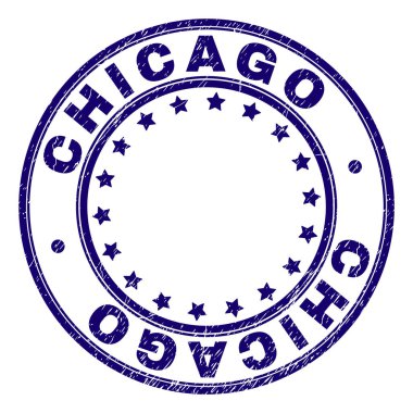 Chicago damga mühür filigran doku ile. Yuvarlak şekiller ve yıldız ile tasarlanmış. Mavi vektör kauçuk baskı doku ile Chicago resim yazısı.