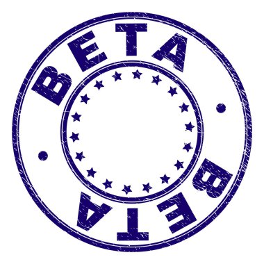 Beta damga mühür Künye doku ile. Yuvarlak şekiller ve yıldız ile tasarlanmış. Mavi vektör kauçuk baskı kirli doku ile Beta etiketi.