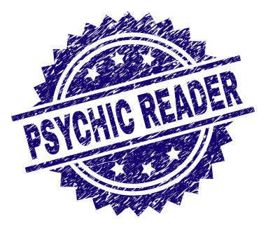 Medyum Reader damga mühür filigran sıkıntı tarzı ile. Mavi vektör kauçuk baskı aşınmış dokulu Medyum Reader resim yazısı.