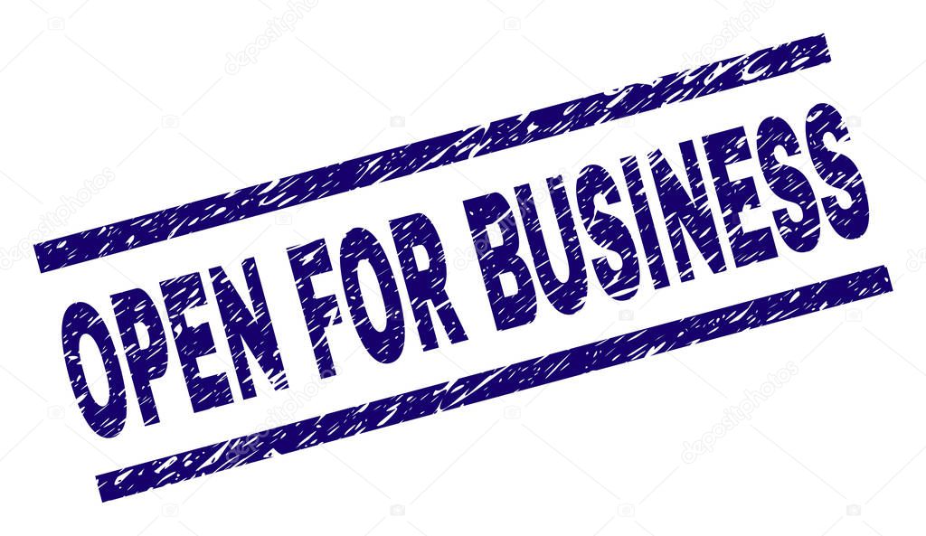 OPEN FOR BUSINESS seal print with grunge style. Blue vector rubber print of OPEN FOR BUSINESS caption with scratched texture. Text caption is placed between parallel lines.