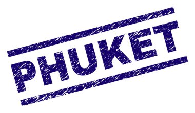 Phuket mühür sıkıntı stiliyle yazdırma. Mavi vektör kauçuk Phuket etiketinin toz doku ile yazdırın. Metin etiketi paralel çizgiler arasında yer alıyor.