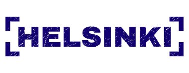 Helsinki metni sıkıntı tekstürlü baskı mühür. Metin etiketi köşeler arasında yer alıyor. Mavi vektör kauçuk baskı Helsinki toz doku ile.