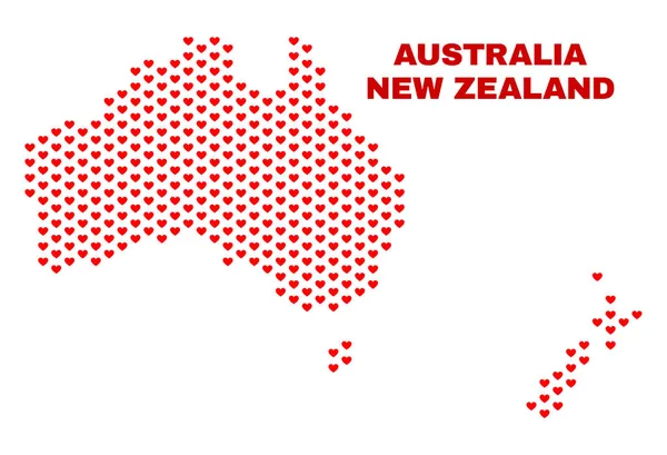 Avustralya ve Yeni Zelanda Haritası - Valentine Kalpler mozaiği — Stok Vektör