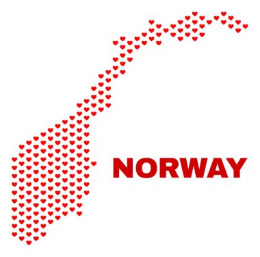 Norveç harita üzerinde beyaz bir arka plan izole kırmızı renkte aşk kalplerin mozaik. Norveç harita şeklinde düzenli kırmızı kalp şeklinde. Sevgililer resimler için soyut tasarım.