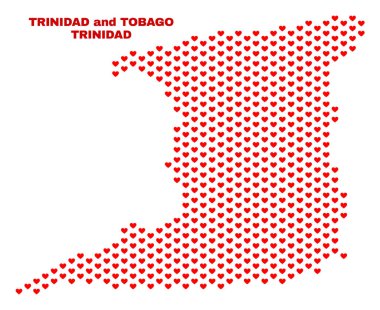 Sevgililer günü kalpleri beyaz bir arka plan üzerinde izole kırmızı renkli mozaik Trinidad Adası Haritası. Trinidad ada haritası şeklinde düzenli kırmızı kalp şeklinde. Sevgililer resimler için soyut tasarım.