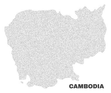 Kamboçya haritası küçük noktaları ile tasarlanmış. Beyaz bir arka plan üzerinde izole siyah renkli vektör soyutlama. Dağınık küçük noktalar Kamboçya eşlemeye düzenlenir.