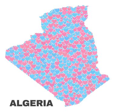 Mozaik Cezayir haritası Sevgililer günü kalpleri beyaz bir arka plan üzerinde izole pembe ve mavi renklerde. Güzel kalp kolaj Cezayir harita şeklinde. Sevgililer dekorasyon için soyut tasarım.