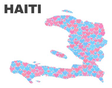 Beyaz bir arka plan üzerinde izole pembe ve mavi renklerde valentine Kalpler Haiti Haritası mozaik. Güzel kalp kolaj Haiti haritası şeklinde. Sevgililer dekorasyon için soyut tasarım.