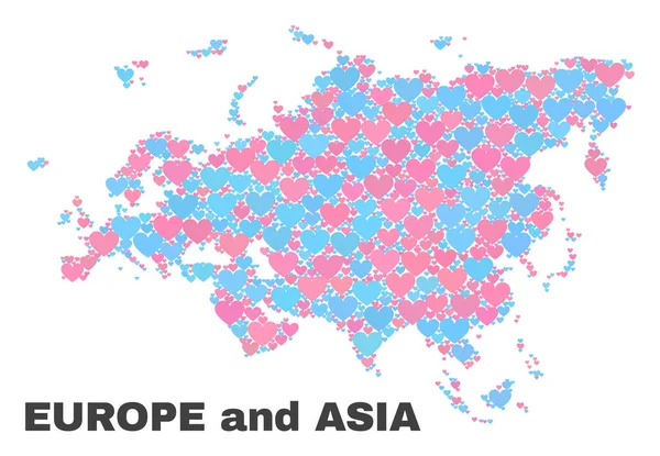 Mapa de Europa y Asia - Mosaico de corazones encantadores — Vector de stock