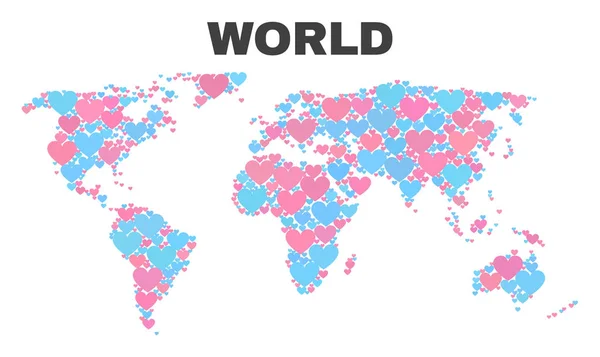 Mapa del mundo - Mosaico de corazones encantadores — Vector de stock