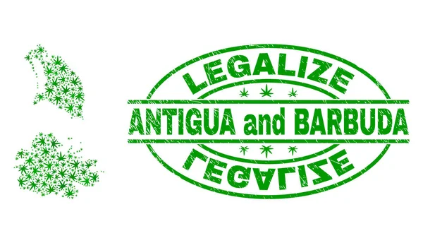 Cannabis Blätter Mosaik Antigua und Barbuda Karte mit legalisieren Grunge Stempel Siegel — Stockvektor