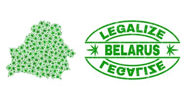 Esrar yaprakları ile kolaj Beyaz Rusya harita yasallaştırmak Grunge damga mühür