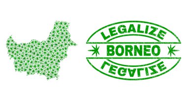 Marihuana yaprağı mozaik Borneo harita ile yasallaştırmak Grunge damga mühür