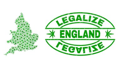 Marihuana yaprağı mozaik İngiltere harita ile yasallaştırmak Grunge damga mühür