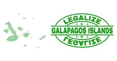 Marihuana yaprağı mozaik Galapagos Adaları harita ile yasallaştırmak Grunge damga mühür