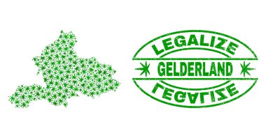 Marihuana yaprağı kolaj Gelderland il harita ile yasallaştırmak Grunge damga mühür