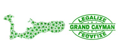 Esrar yaprakları mozaik Grand Cayman Adaları'ndaki harita ile yasallaştırmak Grunge damga mühür