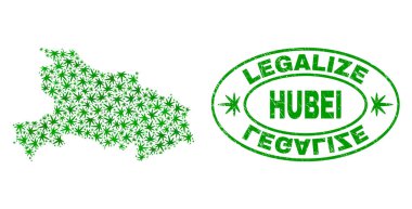 Esrar yaprakları mozaik Hubei eyaleti harita ile yasallaştırmak Grunge damga mühür