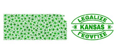 Marihuana yaprağı kolaj Kansas Eyalet harita ile yasallaştırmak Grunge damga mühür