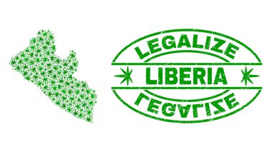 Esrar yaprakları ile kolaj Liberya harita yasallaştırmak Grunge damga mühür