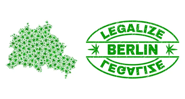 Marihuana yaprağı mozaik Berlin şehir haritası ile yasallaştırmak Grunge damga mühür