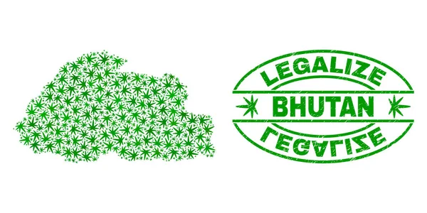 Esrar yaprakları mozaik Bhutan Haritası ile yasallaştırmak Grunge damga mühür