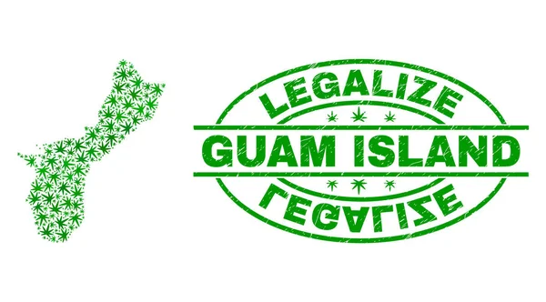 Cannabis Hojas Mosaico Guam Island Mapa con Legalizar Grunge Sello Sello — Vector de stock