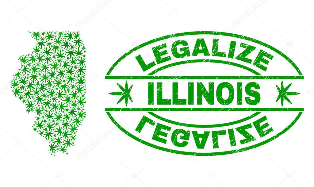 Cannabis Leaves Mosaic Illinois State Map with Legalize Grunge Stamp Seal