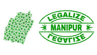 Esrar yaprakları kolaj Manipur devlet harita ile yasallaştırmak Grunge damga mühür